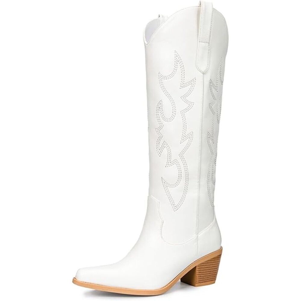 Women's White High Wide Calf Slip On Pointed Toe Chunky Heel Cowgirl Boots,